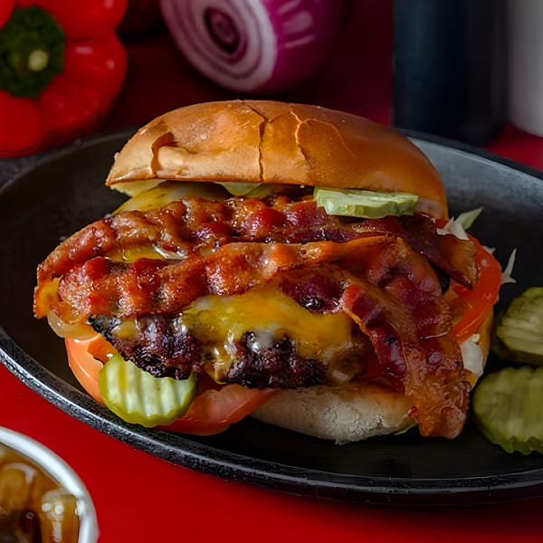 Bacon cheeseburger with lettuce, tomato, and pickles on a black plate with red background.