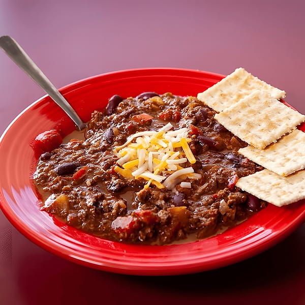 A red bowl of chili with shredded cheese and crackers, with a spoon resting in the bowl.