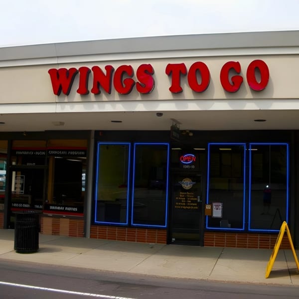 The exterior of a Wings To Go restaurant with a red sign and blue neon window lights.