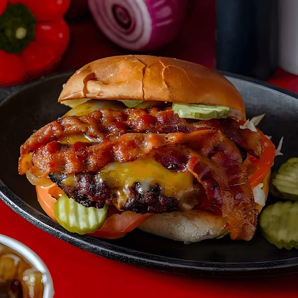 A bacon cheeseburger with pickles, lettuce, and tomato on a black plate with a red background.
